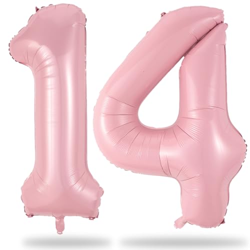 Image of Large Pastel Pink 14 Balloon Number Set, Foil Number 1 & 4, 40 Inch Mylar Self Inflating Light Pink 14 Balloons for Girls 14th Birthday Party Decor