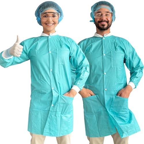 AZAM EXPRESS Disposable Lab Coats, 50g SMS Knee Length, 10 Pack, Teal Blue, Waterproof with Pockets (10, Large)