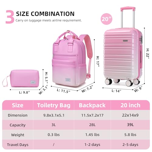 Image of LARVENDER Carry on Luggage 22x14x9 Airline Approved Hardshell Suitcase with Wheels TSA Lock, PC+ABS Lightweight Suitcase Set for Women with Travel Backpack, Peach Sparkling, 3 Piece Set