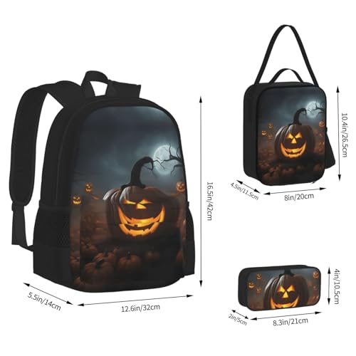 Halloween Ghost Pumpkin Print 3 Piece Set Backpack, Lunch Bag, Pencil Case, Cute Sturdy For College And Travel4