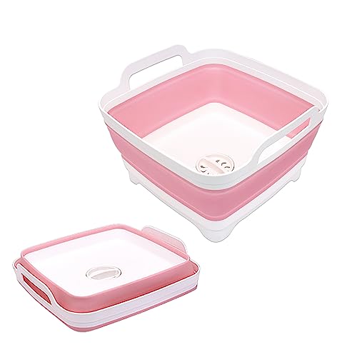 Image of 2.4 Gal(9L) Collapsible Dish Basin with Drain Plug, Space Saving Outdoor Multiuse Foldable Sink Tub, Dishpan, Kitchen Storage Tray for Camping, Vegetable Washing, RV (Pink)