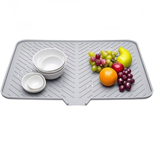 Obinying Silicone Dish Drying Mat with Drain Lip, Kitchen Counter Protector, Compact Draining Tray (Gray, 23" x 17")