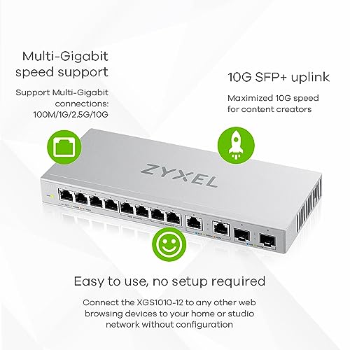 Image of Zyxel 12 Port Unmanaged Multi Gigabit Ethernet Switch | 2 Port 2.5G and 2 Port 10G SFP+ | Plug and Play|no Configuration Required|Fanless Quiet|Desktop /Wall Mount|Green Ethernet Technology(XGS1010-12)
