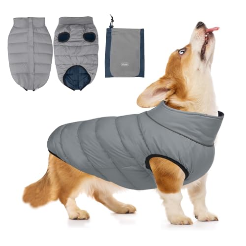VanderHOME 犬 ダウン ペット服 綿服 防水 ダウンコート ふわふわ 犬洋服 パーカー ジャケット 袖なし 背中開き ドッグウエア 軽量 夜間反射 寒さ対策 防寒着 防風 防雪 暖かい お散歩 小型犬 中型犬向け 秋 冬 グレー 4XL