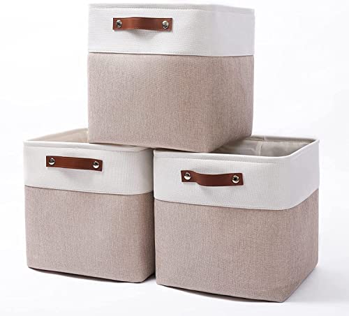 Mangata Cesta de almacenamiento cúbica, 30x30x30cm, Juego de 3 cajas de almacenamiento de tela para estanterías, juguetes, oficina, armario ▏ Caqui/Blanco Cover