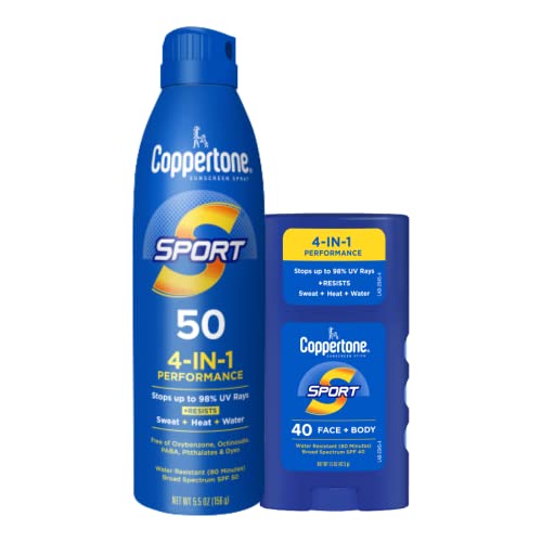 Coppertone Sport Sunscreen Spray Spf 50 + Face Sunscreen Stick Spf 40, Water Resistant Sunscreen, Broad Spectrum Spf 50 Sunscreen And Facial Sunscreen
