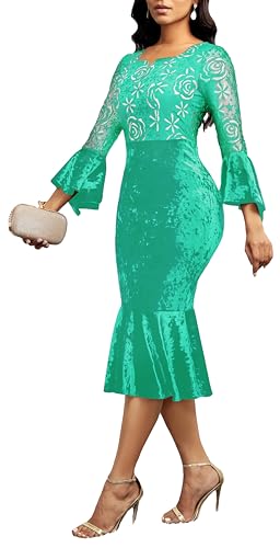 Image of Midi Lace Dress for Women Bodycon Dress Church Cocktail Party Clothes | Square Neck,Lace Bell Sleeve,Velvet Look,Mermaid Hem,Midi Dresses,Cocktail Party,Wedding Guest Party,Formal Event Outftis