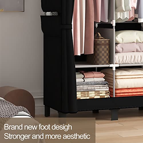 LOEFME Canvas Wardrobe 172 * 130 * 45cm, Wardrobes for Bedroom, New Base Design Fabric Bedroom Wardrobes with 2 Hanging Rails and 18 Side Bags, Fabric Closet, Cheap Folding Wardrobe, Black - Image 3