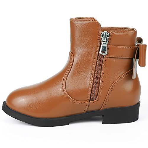 PANDANINJIA Polly Girls Boots Toddler Kids Ankle Boots Dress Short Bow Booties with Side Zipper (Brown Pu, 13 M US Little Kid)3