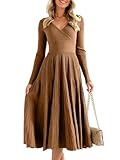 Material - Long sleeve knit midi dress made from high quality skin-friendly thick knitted fabric, super soft cozy to wear, keep you warm in spring fall and winter Feature - Deep v neck, faux wrap, pleated a line hem, fit and flare, long flowy swing d...