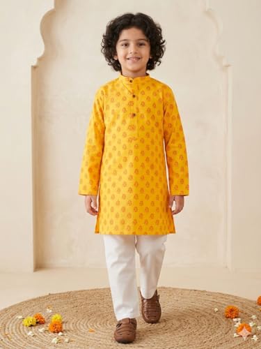 Image of AJ DEZINES Boys Cotton Full Sleeve Letter Printed Kurta Pajama Set for Kids - Ethnic wear | Special Occasion & Traditional Outfit |Boys Kurta Set - Regular Fit