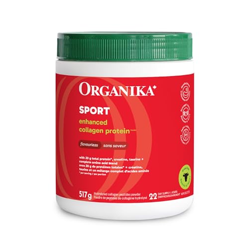Organika Canadian-Made Enhanced Collagen Sport- 20g Collagen Protein + Creatine, Taurine, and Compete Amino Acid Profile- Promotes Muscle Growth, Strength, and Joint Health- Unflavoured- 517g
