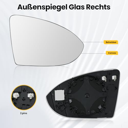 Convitex Spiegelglas Golf 7 Rechts Beheizbar Baujahr 2012-2021, Außenspiegel Glas Konvex Ersatzteile für 5G0857522, Ersatzspiegel Einfache Montage