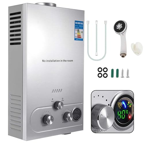 Chauffe-eau à Gaz 12LPM, Chauffe-eau Instantané au Gaz Propane GPL 6L avec Kit de douche, Modes Hiver Et éTé, Protection Contre La Surchauffe, pour brûleur de chaudière pour Camping, Maison (6L 12kw)