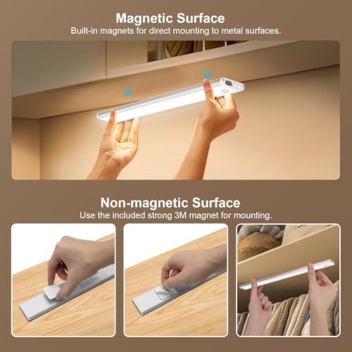 Image of 30 cm Rechargeable Motion Sensor LED Light, Magnetic Wireless Under Cabinet Light with 3 Color Modes, Stepless Dimming, USB Rechargeable Stick-On Closet Light