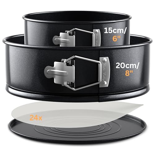 BakeValley Cake Tins for Baking – 2Pcs Round Cake Tin Set – 6 & 8 Inch Cake Tin, 7cm Deep with Parchment Papers Precut for Each Size – Non-Stick Coating & Leak-Proof – Ideal for Baking Cheesecakes