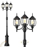 Redluck Motion Sensor Outdoor Post Lights with GFCI Outlet, 3-Head Dusk to Dawn Outdoor Lamp Post Light, 360° Detection Waterproof Anti-Rust Aluminum Street Light for Backyard Patio Driveway