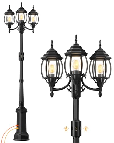 Redluck Motion Sensor Outdoor Post Lights with GFCI Outlet, 3-Head Dusk to Dawn Outdoor Lamp Post Light, 360° Detection Waterproof Anti-Rust Aluminum Street Light for Backyard Patio Driveway
