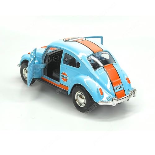 Image of Classic Vintage VW Beetle Diecast Metal Pullback Toy car with Openable Doors for Kids | 1:36 Scale Model | Pull Back | Gift for Boys Girls (Blue with Stripes)