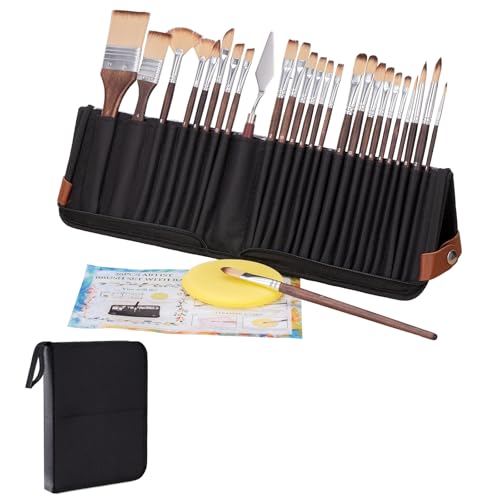 Image of 26pcs Paint Brush Set, Includes Flat, Filbert, Fan, Dagger, Cat Tongue, Round, Angle, Rigger & Palette Knife, Travel Paint Brushes for Acrylic Painting, Watercolor, Oil, Canvas, Face Painting