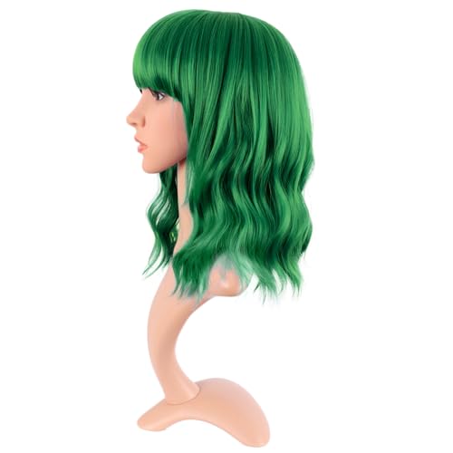 Image of MapofBeauty 14 Inch /35 cm Short Wavy Curly Women Fresh Bright Synthetic Ordinary Flat Bangs Bob Wig (Grass Green)