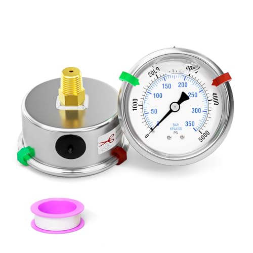 Image of 0-5000psi Stainless Steel Glycerin Liquid Filled Pressure Gauge 1 /4 inch NPT 2.5 inch Face Dial Center Back Mount, for Water, Oil and Air Pressure Testing (with Range Mark Pointer)
