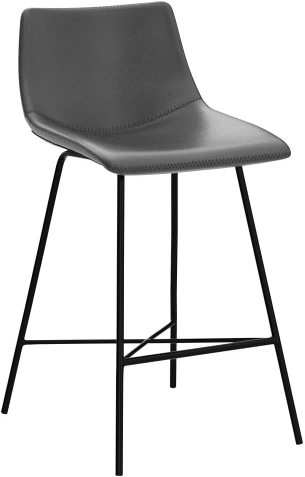 POLY & BARK Paxton Leather Counter Stools 24 Inches - Set of 2 - Counter Height Bar Stools with Back - Modern Barstools for Kitchen Island or Counters - Faux Leather & Matte Black Steel Base - Gray