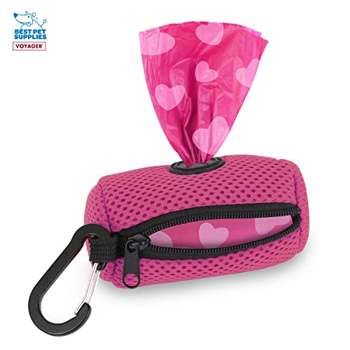 Image of Best Pet Supplies Dog Poop Bag Holder Leash Attachment with Reusable Dispenser for Travel, Walking, Park, and Outdoor Use, Durable with Clip-On - Fuchsia, Mesh Dispenser w /15 Bags