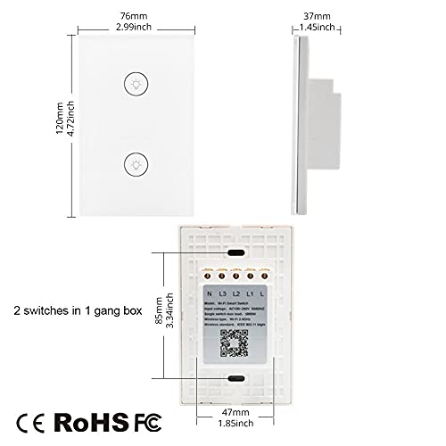 WiFi Smart Wall Touch Light Switch Glass Panel Wireless Remote Control by Mobile APP Anywhere Compatible with Alexa,Timing Function No Hub Required (Wall Switch 2 Gang) by MOES - Image 6