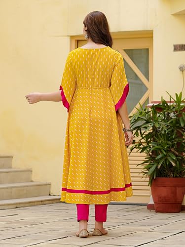 Image of Yash Gallery Women's Fit And Flare Calf Length Cotton Ikat Printed Flared Dress