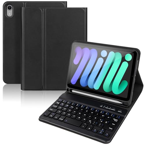 KTOITION Hülle mit Tastatur für iPad mini A17 Pro (Min 7. Generation) 2024/6. Gen 2021, Kabellose Tastatur mit Schützhülle für iPad mini (A17 Pro 2024, 7. Generation) 8,3 Zoll (Schwarz)