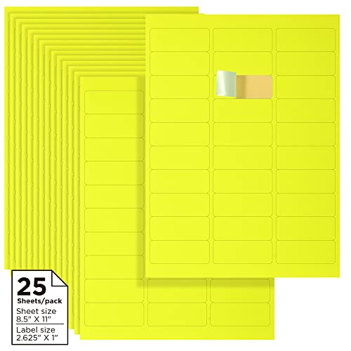 Color Address Label - 750 Fluorescent Address Labels - Multipurpose Use - Yellow Color Label - Label Size 1" X 2-5/8" - 30 Per Page - 750 Labels - Laser And Inkjet Printer (Yellow) #TOP1