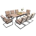 Sophia & William Patio Dining Set 9 Piece Outdoor Table Furniture Set with 8 Metal Spring Motion Dining Chairs and 1 Rectangular Patio Dining Table with 1.57" Umbrella Hole, Beige