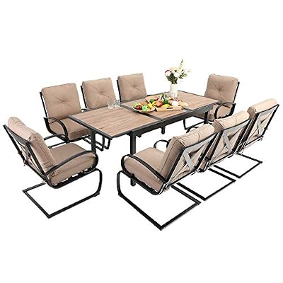 Sophia & William Patio Dining Set 9 Piece Outdoor Table Furniture Set with 8 Metal Spring Motion Dining Chairs and 1 Rectangular Patio Dining Table with 1.57" Umbrella Hole, Beige