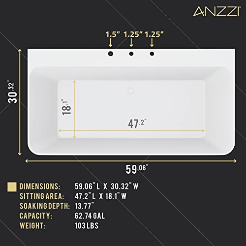 Anzzi 59" Acrylic Freestanding Bathtub, Modern Stand Alone Soaking Tub, Built In Drain And Overflow, Free Standing Tub With Pre-Drilled Faucet Holes, Deck Mount Faucet Not Included (Ft-Az114-59) #TOP6
