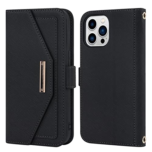 Jaorty Crossbody Wallet for iPhone 14 Pro Case with Adjustable Lanyard Strap Credit Card Holder 6.1\",PU Leather Handbag Purse Kickstand Make Up Mirror Cover Case for Men Women Girl,Black