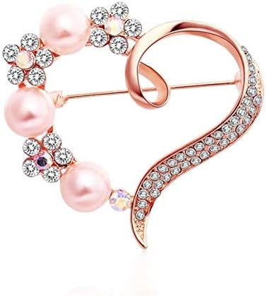 Heart Brooch For Women Cluster Pave Clear Crystal Love Heart Pearl Brooch Pin Wedding Party Clothes Accessories (rose-gold-plated-alloy)