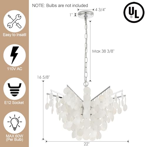 VANZARLA Capiz Shell Chandelier for Bedroom, Modern Coastal Dining Room Light Fixture, Farmhouse Pendant Light for Entryway Kitchen Living Room, Chrome Finish - Image 5