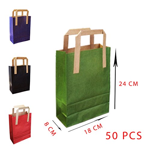 Asiam Impex Sarl Sac en Papier - Sac Kraft - Sac Party - Sac Cadeau - 50 piéces - Papier Kraft Marron -%100 Recyclable - 18x8x824 - Vert