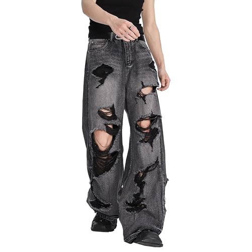 Men's Baggy Jeans Ripped Y2K Vintage Wide Leg Denim Pants Distressed Hip Hop Skater Jeans Trousers Streetwear​