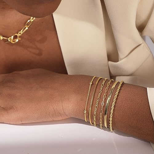ASCOMY Bracelet for Women Gold Bracelets for Girls Dainty Paperclip Herringbone Bracelet Layered Rope Chain Bracelet Set3