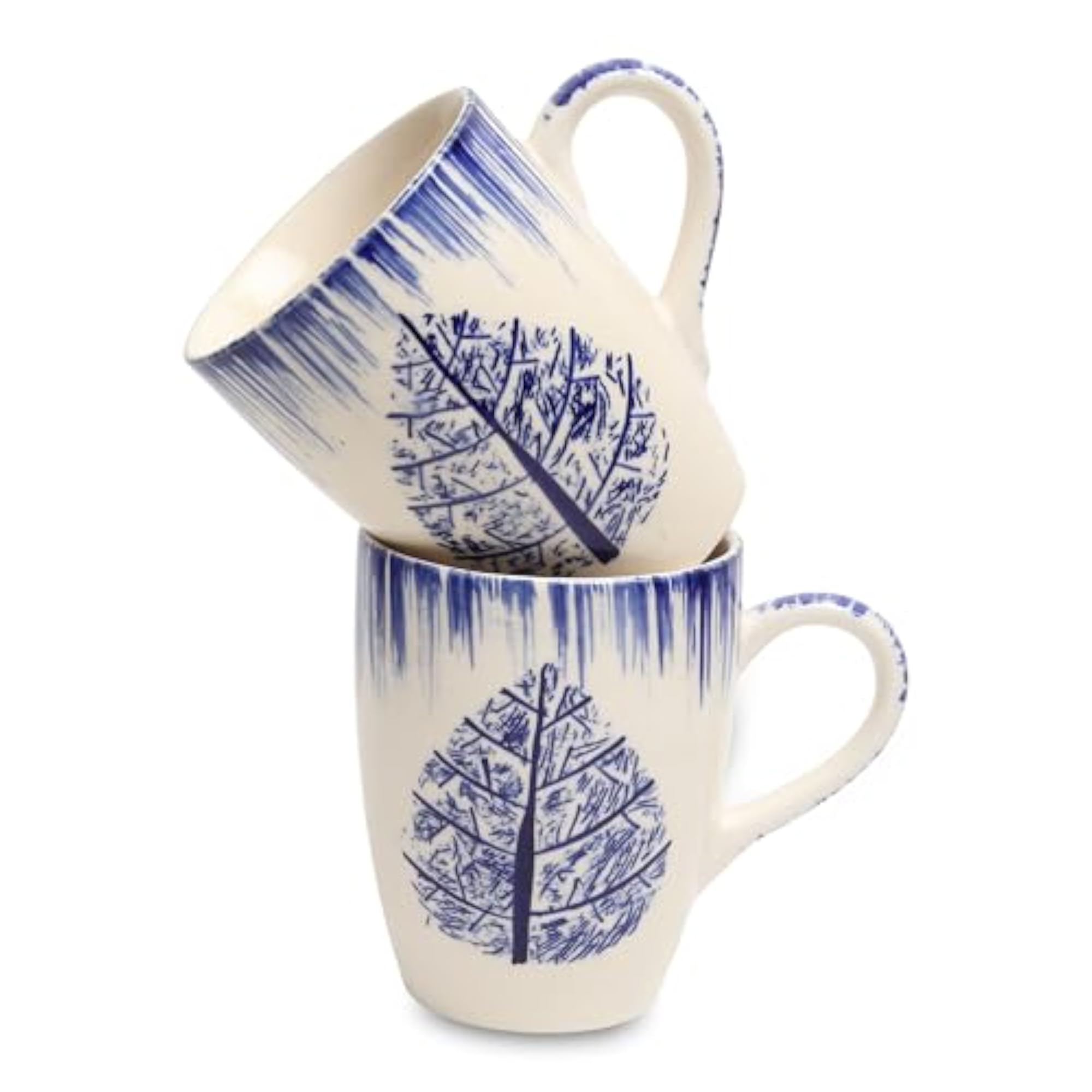 Leaf Pattern Hand Painted Ceramic Coffee Mugs Set of 2