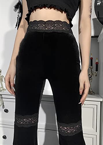 Women Harajuku Gothic Bell Bottom Pants Dark Black Velvet Leggings With Holes Grunge Street Vintage Mall Gothic Trousers #TOP4