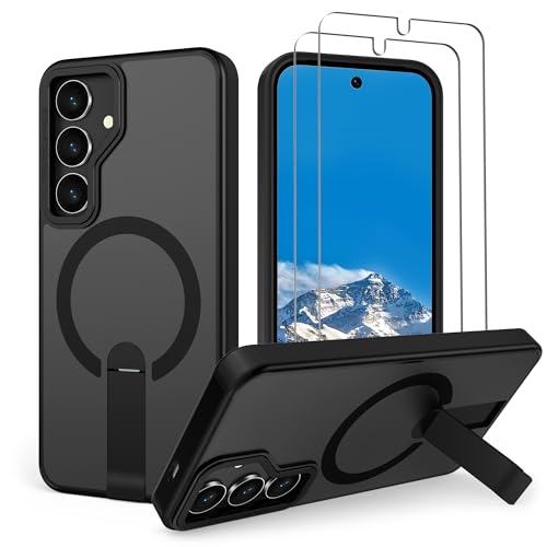 Aropuktek Magnetic for Samsung S24 Case/Samsung S25 Case with Screen Protectors [2 Packs] Compatible with MagSafe for S25 Case Adjustable Kickstand Matte Translucent Slim Phone Case for S24 Black