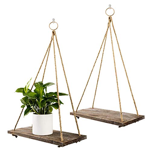 Rustic Shelf 2 Pcs Wooden Floating Shelves with String Rope Hanging Floating Shelves Rustic Distressed Wood Hanging Shelves Wood Wall Decor Swing Rope Floating Shelf with Hooks for Living Room (Large) - Cosy Home Interiors Rustic Shelf 2 Pcs Wooden Floating Shelves with String Rope Hanging Floating Shelves Rustic Distressed Wood Hanging Shelves Wood Wall Decor Swing Rope Floating Shelf with Hooks for Living Room (Large) - Image 4