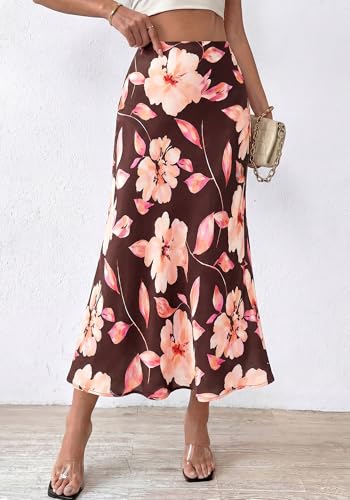 Image of BTFBM Satin Skirts for Women Trendy 2026 Summer Fall | High Waisted A-Line Leopard Print,Floral Print, Business Casual,Cocktail,Wedding Guest,Long Silk Midi Skirt