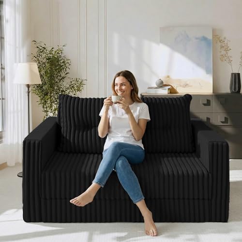 Image of HABUTWAY 41.3 inch Loveseat Boneless Couch, 4-in-1 Convertible Sofa Bed, Plush Fur Folding Futon Sofa Bed Couches with a Pillow for Living Room, High-Density Foam Support, No Assembly Required, Black