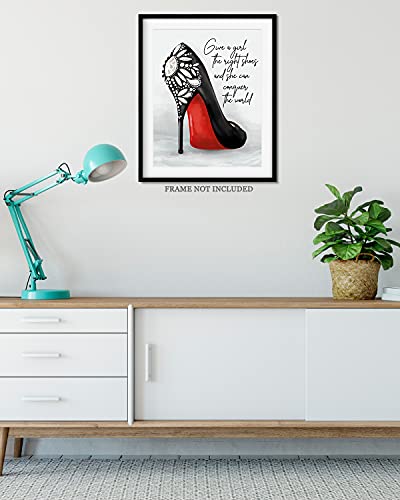 Give A Girl The Right Shoes And She Can Conquer The World - Hand-Drawn Wall Decor Art Print With A Gray Background - 8X10 Unframed Artwork Printed On Photograph Paper #TOP4