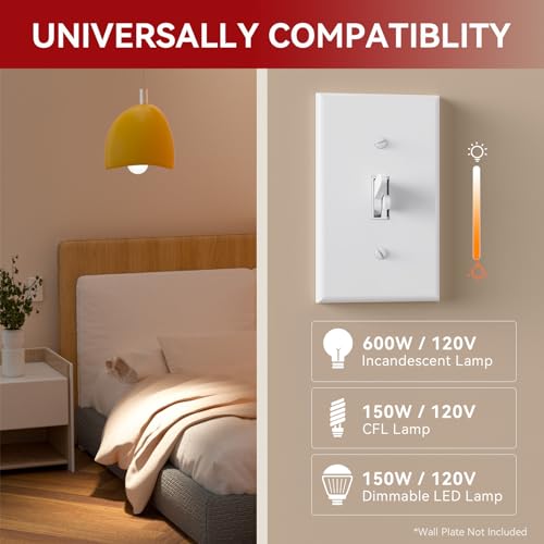 Image of AIDA Toggle Slide Dimmer Switch for Dimmable LED Light /CFL /Incandescent 600 Watt max, Single-Pole or 3-Way, Rocker On /Off Wall Switch with Dimmer Slider, Wall Plate NOT Included, UL, White, 4 Pack