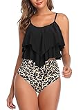 Tankini Swimsuits for Women Tummy Control Ruffled Flounce Top Swimsuit Womens High Waisted Swimsuits Leopard 6-8
